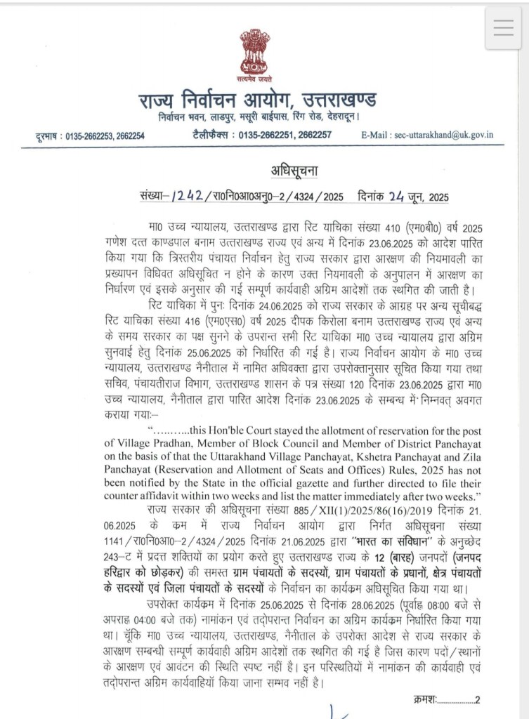उत्तराखंड हाईकोर्ट ने पंचायत चुनावों में आरक्षण व्यवस्था पर लगाई रोक, राज्य निर्वाचन आयोग ने जारी की अधिसूचना, कल से अग्रिम आदेशों तक बंद रहेगी चुनाव प्रकिया