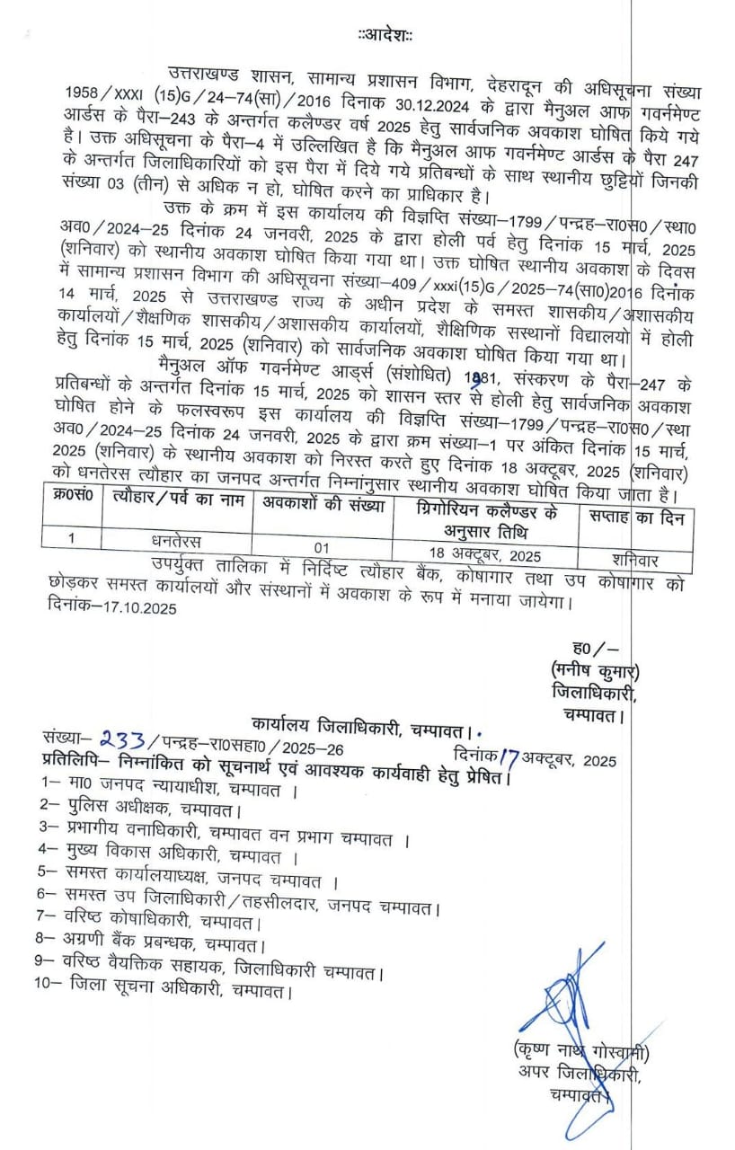 18 अक्टूबर को जनपद चम्पावत में धनतेरस का अवकाश घोषित, जिलाधिकारी ने आदेश जारी किया, सभी शासकीय एवं अर्द्धशासकीय संस्थान रहेंगे बंद