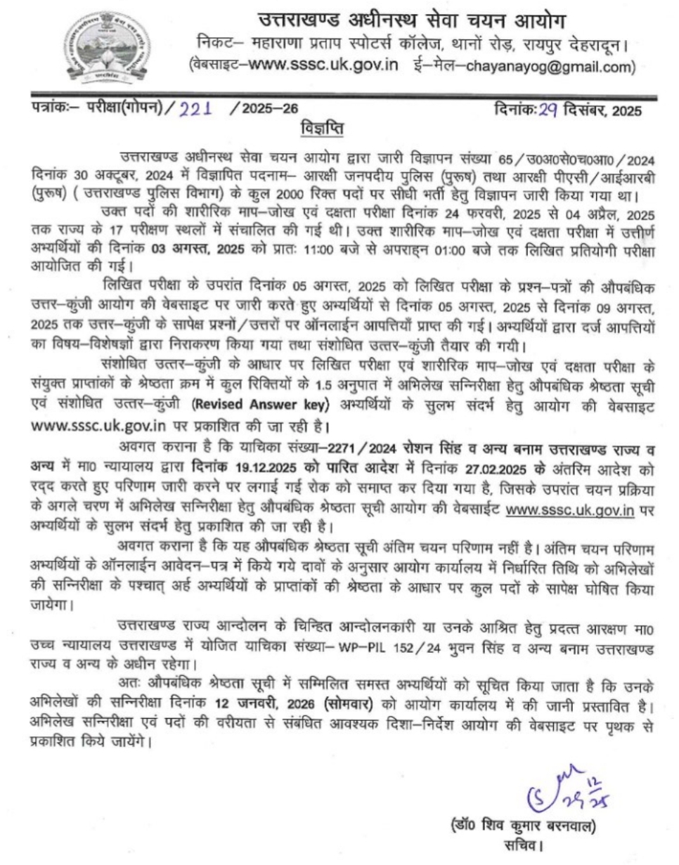 ब्रेकिंग न्यूज़: उत्तराखंड पुलिस कांस्टेबल भर्ती की प्रोविजनल मेरिट लिस्ट जारी, 12 जनवरी से डॉक्यूमेंट वेरिफिकेशन