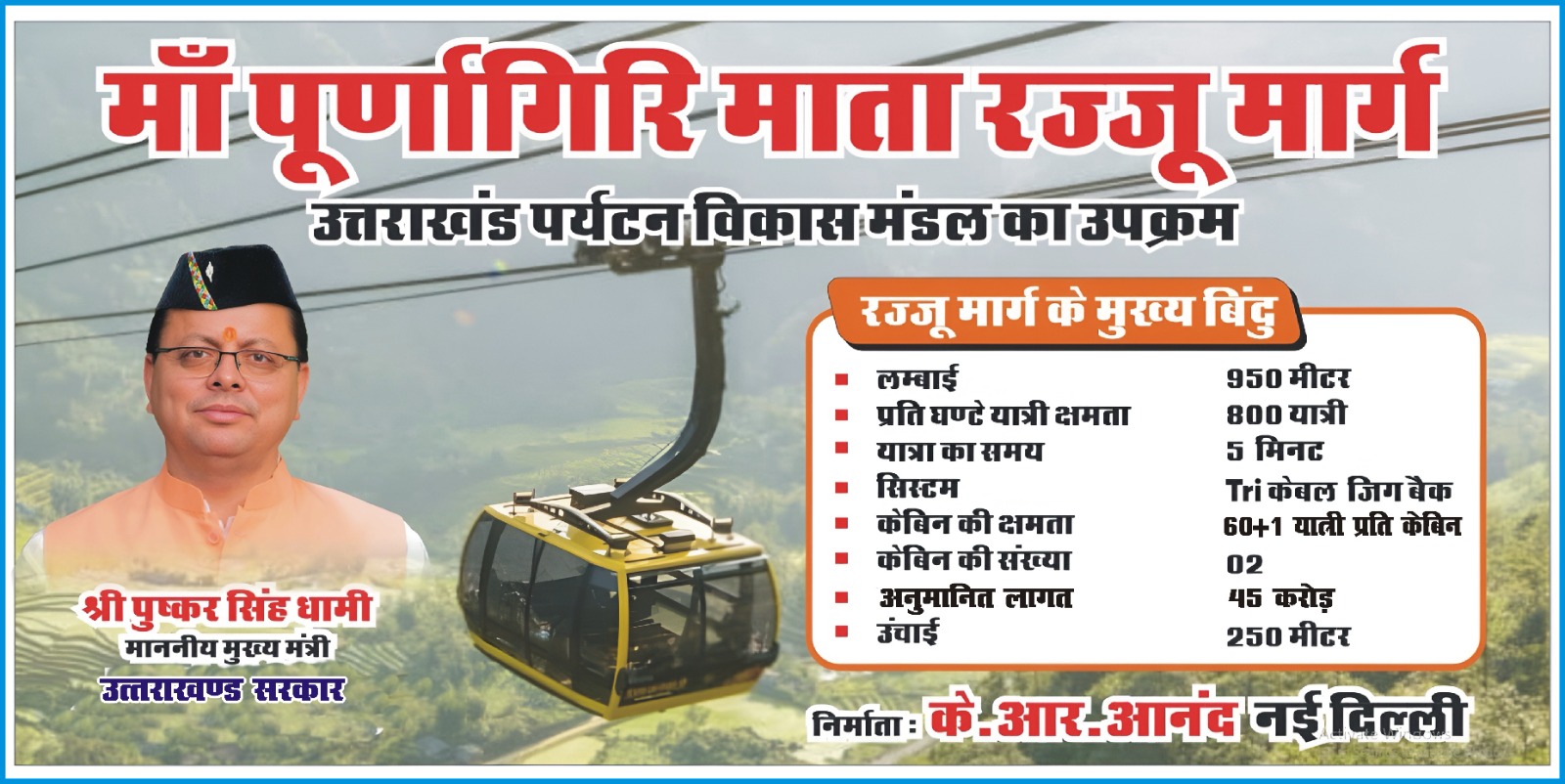 आदर्श चंपावत की परिकल्पना को मिल रही नई उड़ान: माँ पूर्णागिरि धाम में 45 करोड़ की लागत से आकार ले रहा है माँ पूर्णागिरि माता रज्जू मार्ग।