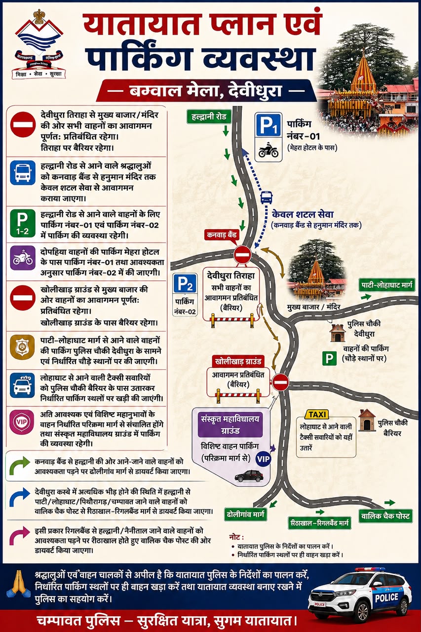 मां बाराही देवीधुरा बग्वाल मेले के लिए यातायात एवं पार्किंग प्लान जारी।