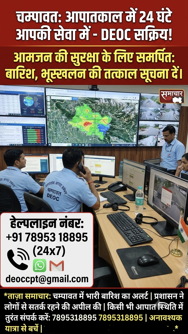 चम्पावत: आपदा और आपात स्थिति से निपटने के लिए 24 घंटे सक्रिय जिला आपातकालीन परिचालन केंद्र (DEOC), प्रशासन ने जारी किए हेल्पलाइन नंबर।