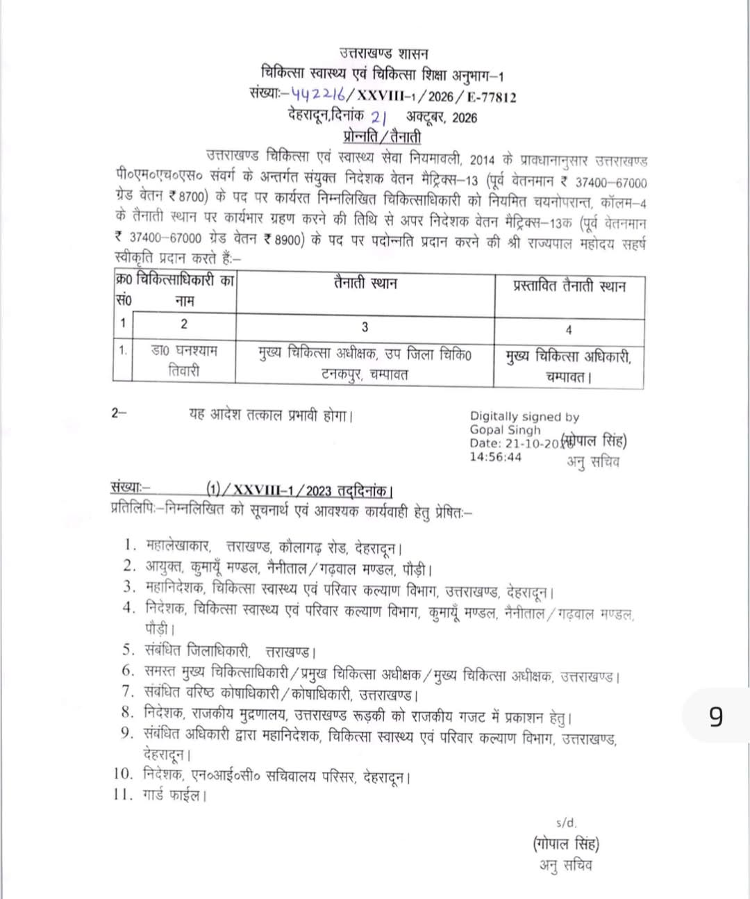 उत्तराखंड स्वास्थ्य विभाग में बड़ा फेरबदल: डॉ. घनश्याम तिवारी चम्पावत के नए मुख्य चिकित्सा अधिकारी (CMO) नियुक्त।